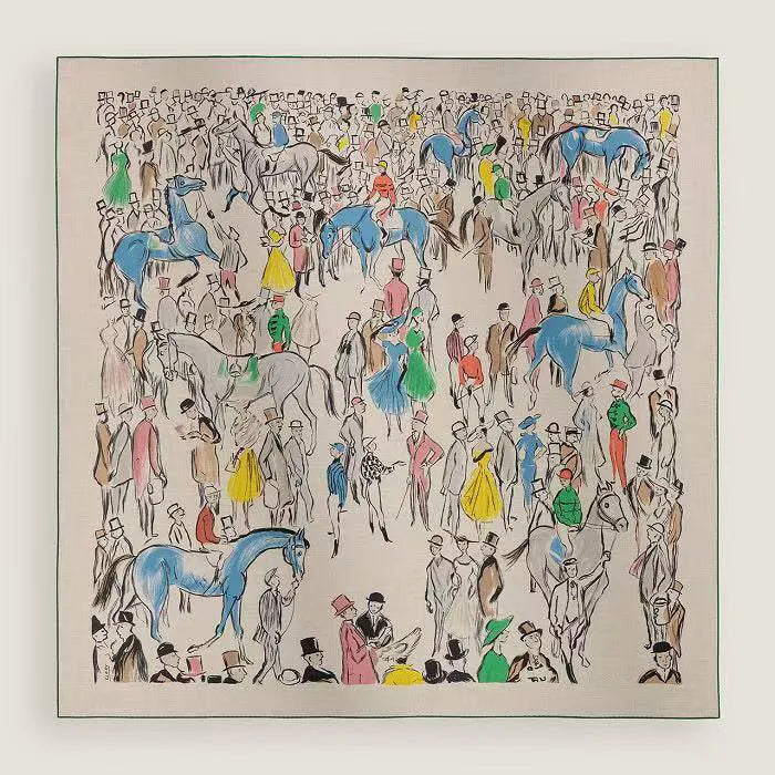 Luxurious 140*140cm Square Horse Ranch Digital Printed Elegant Fashion Cashmere Silk Scarf Hand Rolled  MOQ 1PC