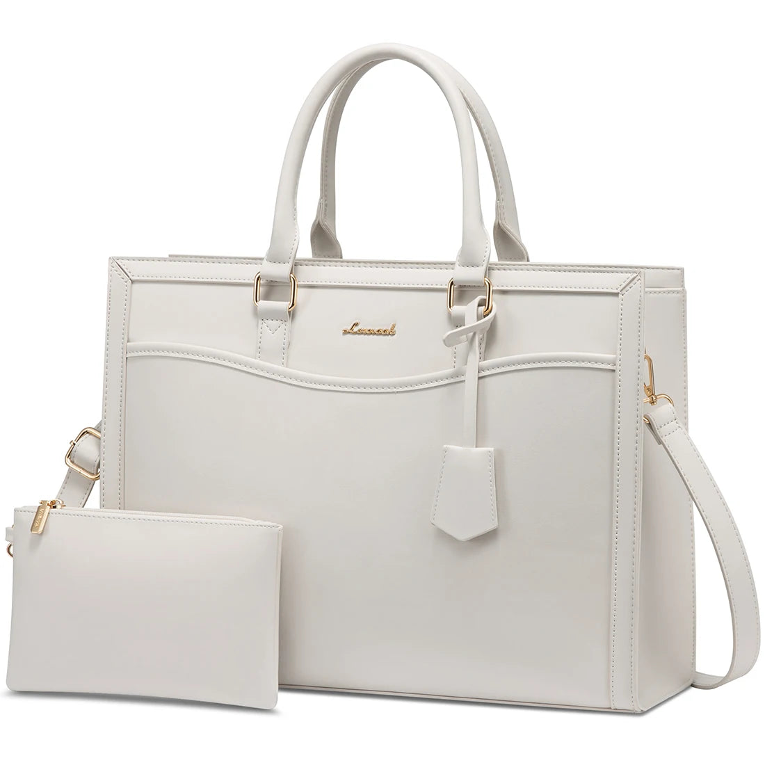 White faux leather designer laptop tote bag for women with gold hardware, top handles, and a matching pouch.