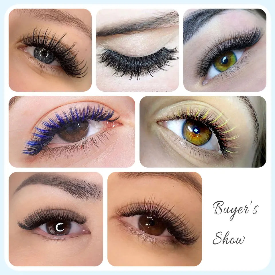 Collage of eyes showing Tidesmit 0.03mm Russian volume handmade silk eyelash extensions in black and vibrant colors.