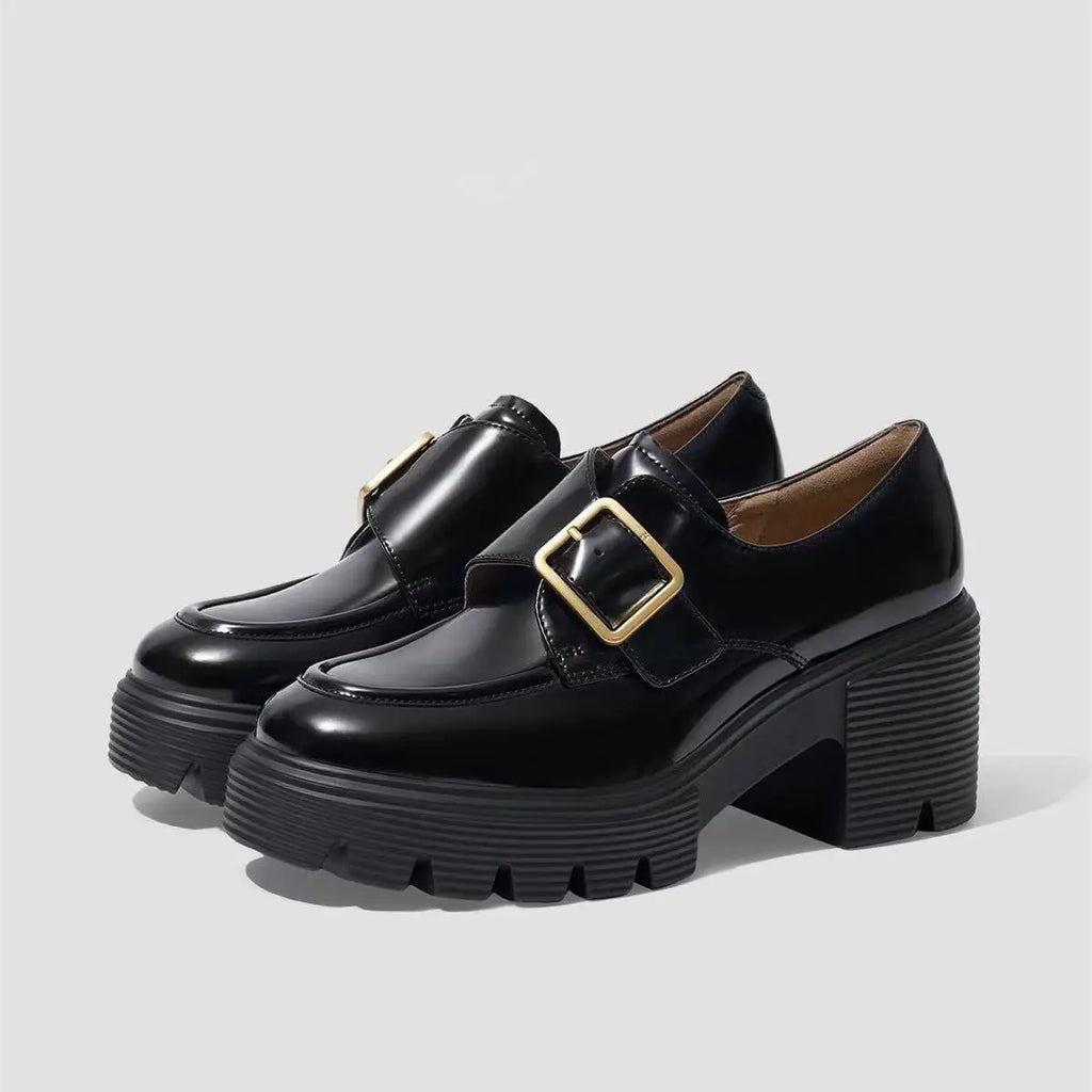 High-end Loafers for Women with Adjustable Buckles and Thick Heels, Suitable for Office Wear and Heightening the Appearance