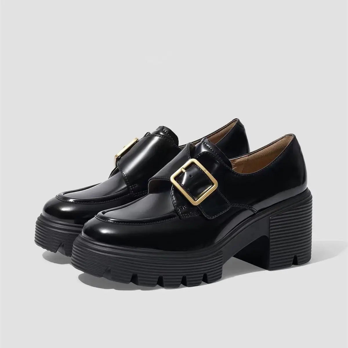 High-end Loafers for Women with Adjustable Buckles and Thick Heels, Suitable for Office Wear and Heightening the Appearance