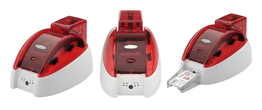 Red ID card printer with ribbon cartridge shown in front bay