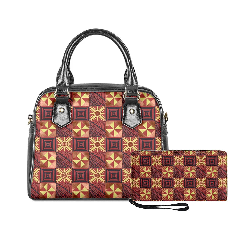 2-piece handbag and wallet set with black, red, and yellow Polynesian tribal square print.
