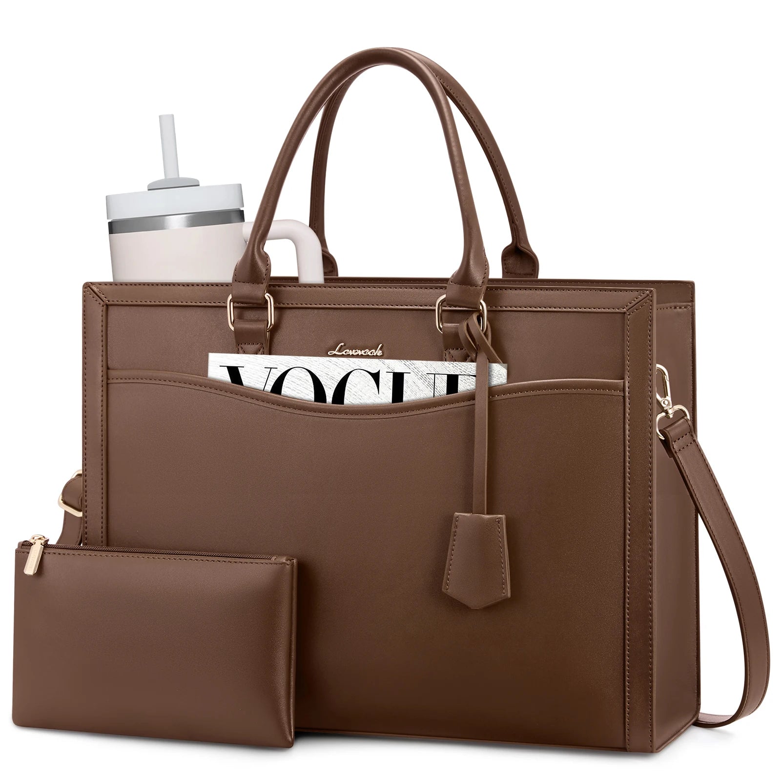Brown leather LOVEVOOK laptop tote bag with top handles, outer pocket, and matching pouch for work and travel.