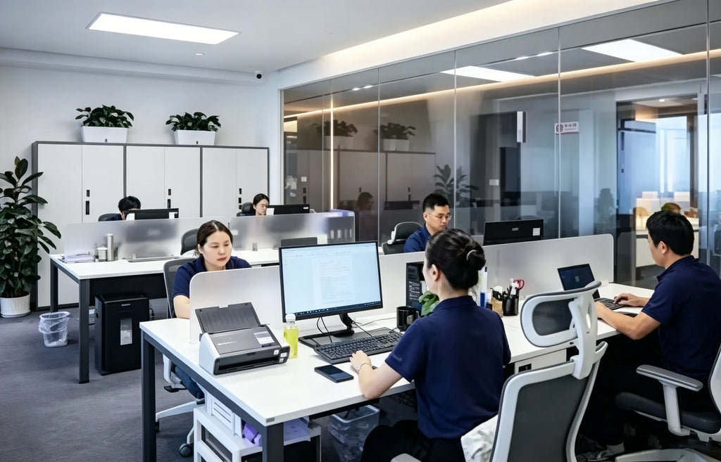 Bright office floor with multiple people using computers at workstations