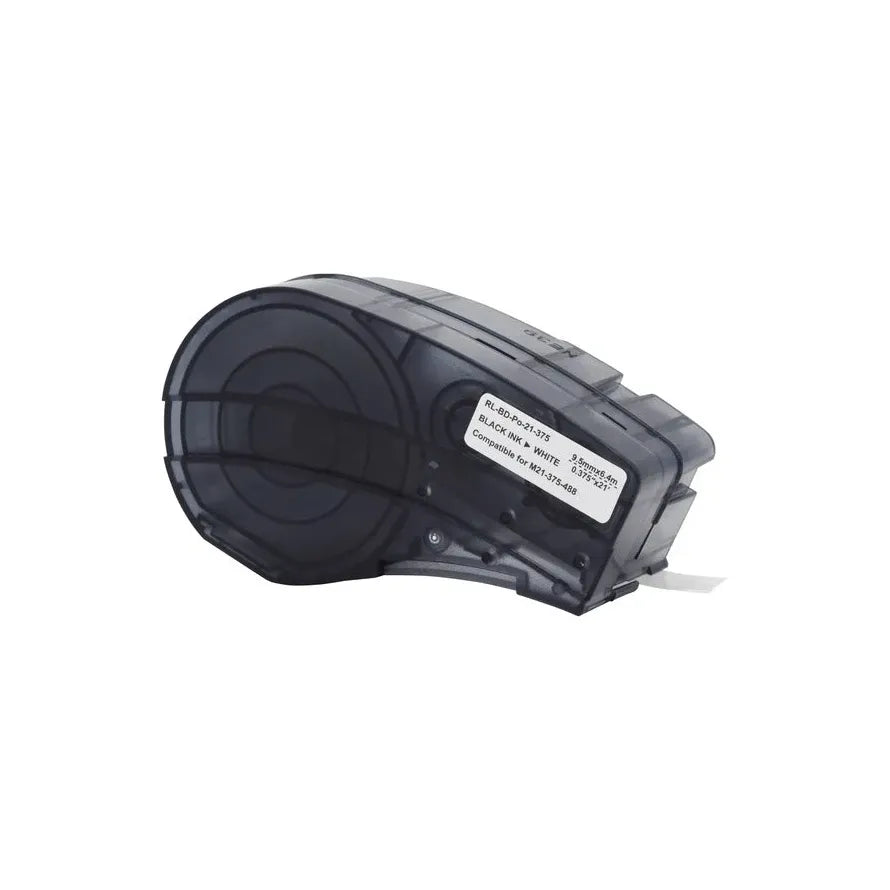 Black label printer cartridge with white label strip and Brady-compatible packaging