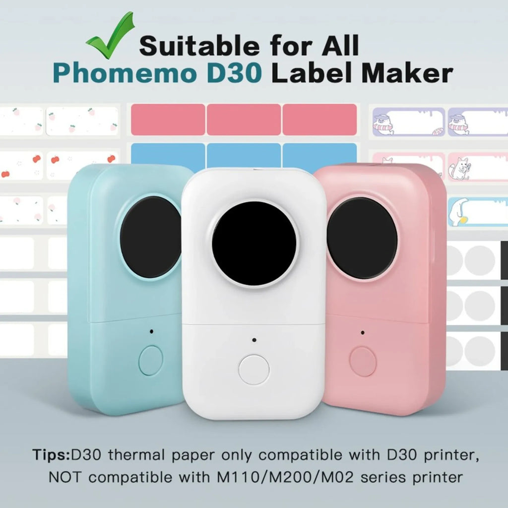 D30 label maker compatibility graphic with blue, white, and pink label devices