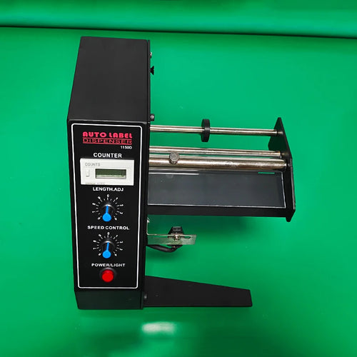 Electric label dispenser with control panel, counter display, and metal label rollers