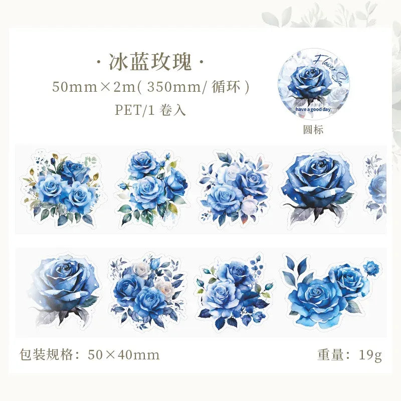 Waterproof PET masking tape packaging card with blue rose pattern and size text