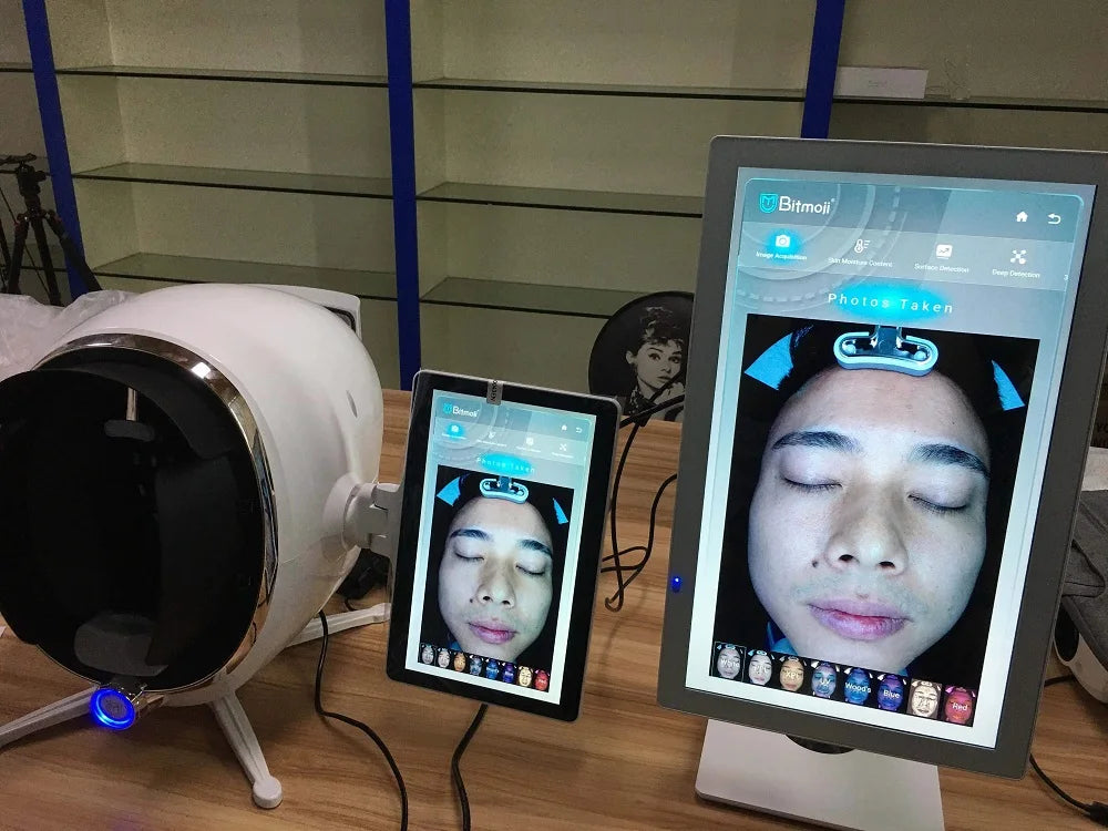 2025 Magic Mirror 3D AI skin analyzer machine with white dome scanner, tablet, and touch screen displaying facial data.