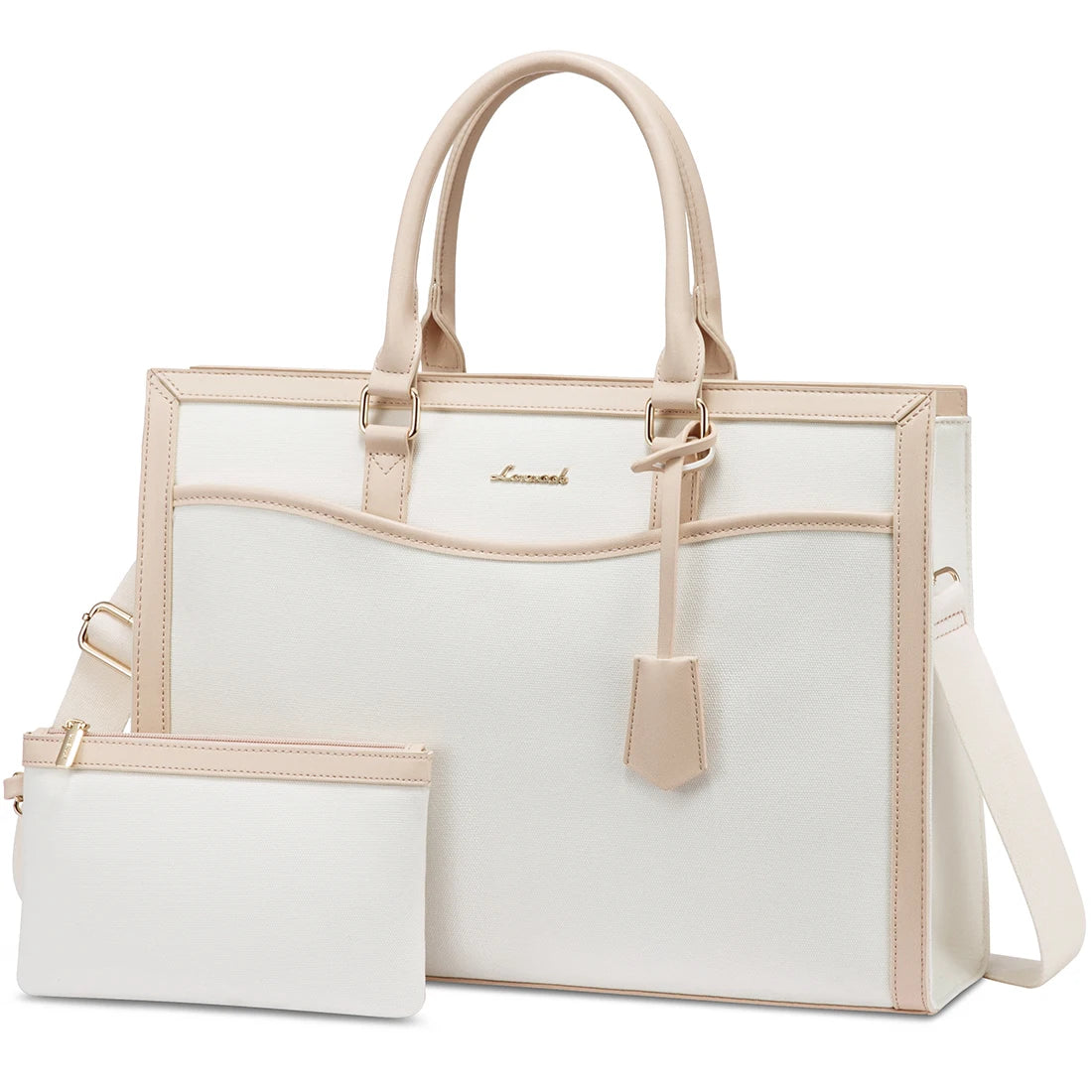 LOVEVOOK designer cream canvas laptop tote bag with tan trim, gold hardware, and matching accessory pouch for work.