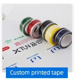 Custom printed tape rolls with colorful branding marks