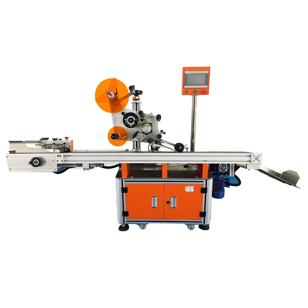 Automatic flat-surface label applicator machine with touchscreen controller and orange base