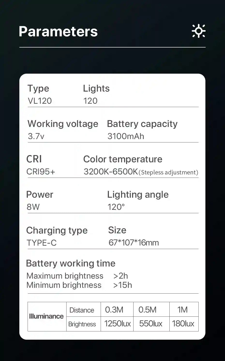 Technical specification table for VL120 LED portable light, detailing battery, color temperature, and brightness