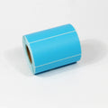 Blue thermal barcode label roll with white horizontal lines, adhesive backing