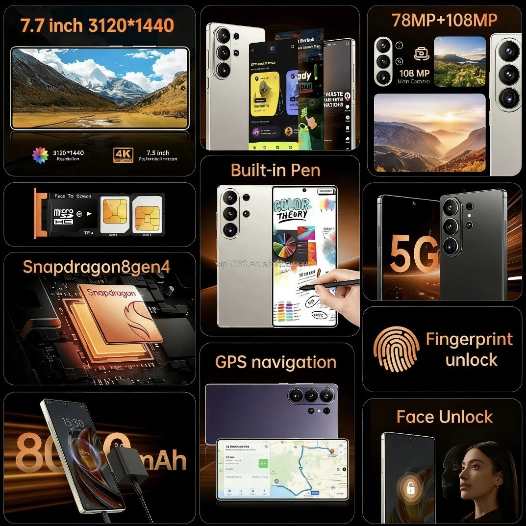7.7 Inch S26 Ultra 22GB+2TB Smooth Performance & Large Storage Top Rated Latest Version 5G Android 15 Smart Phone For Gamers