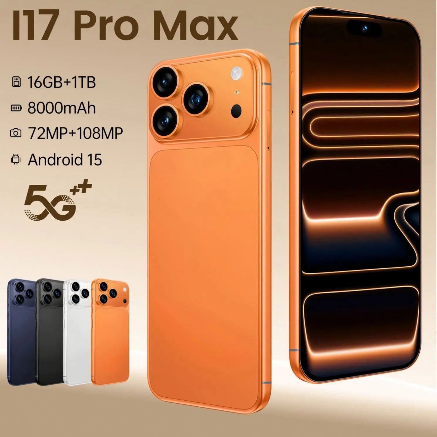I17 Pro Max smartphone with 16GB RAM and 1TB storage, global version with dual SIM, side angle view.