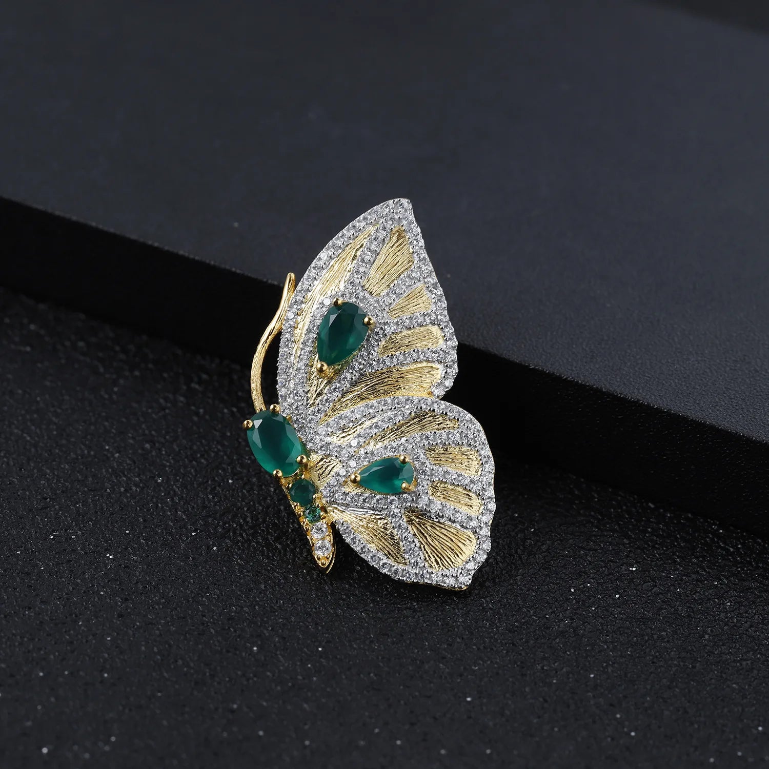TIANSHE New Chinese Style Vintage Design Gold Butterfly Brooch Pendant High-end S925 Silver Green Agate Pin Jewelry