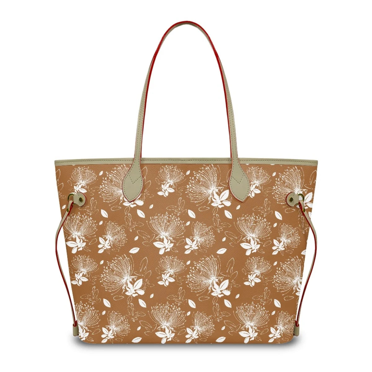 Tan leather tote bag with white floral Ohia Lehua print, red strap edges, and designer shoulder bag silhouette.