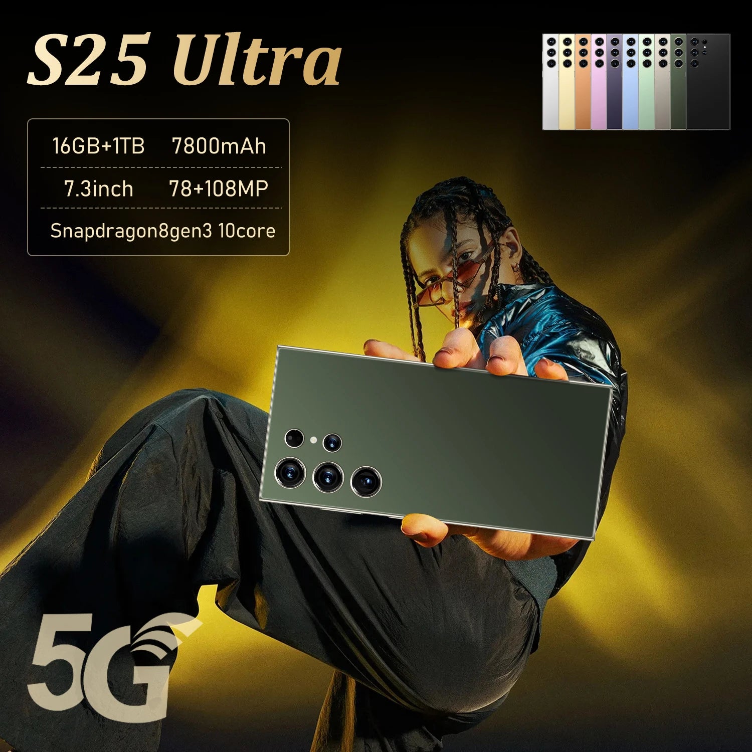 Tidesmit S25 Ultra 7.3-inch 5G smartphone showing the 108MP camera lens and sleek metallic frame design.