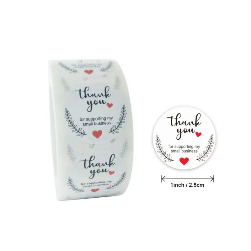 Thank-you sticker labels, white wreath design with hearts and “for supporting my small business”