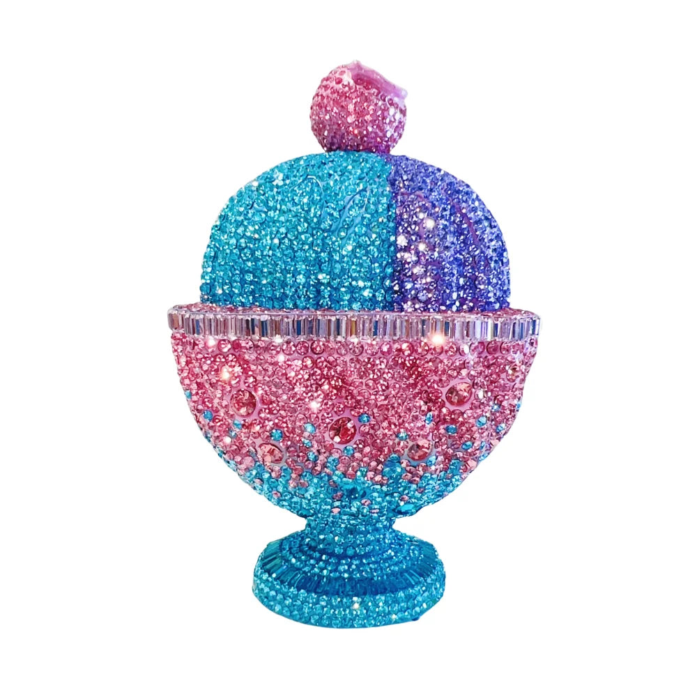 Sparkly ice cream sundae crystal clutch, designer evening handbag in blue and pink rhinestones for parties.