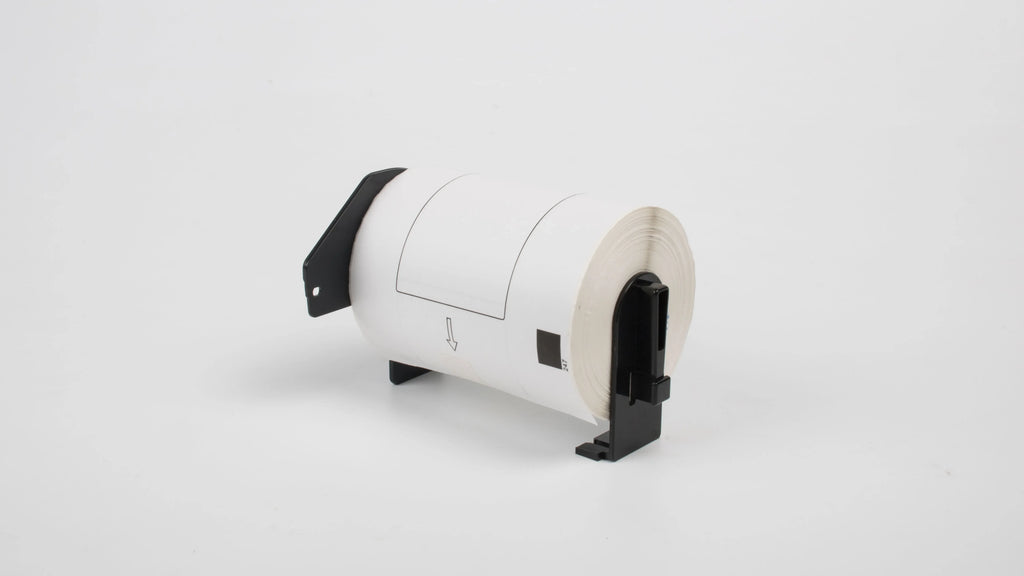 Thermal label roll with black holder, angled view