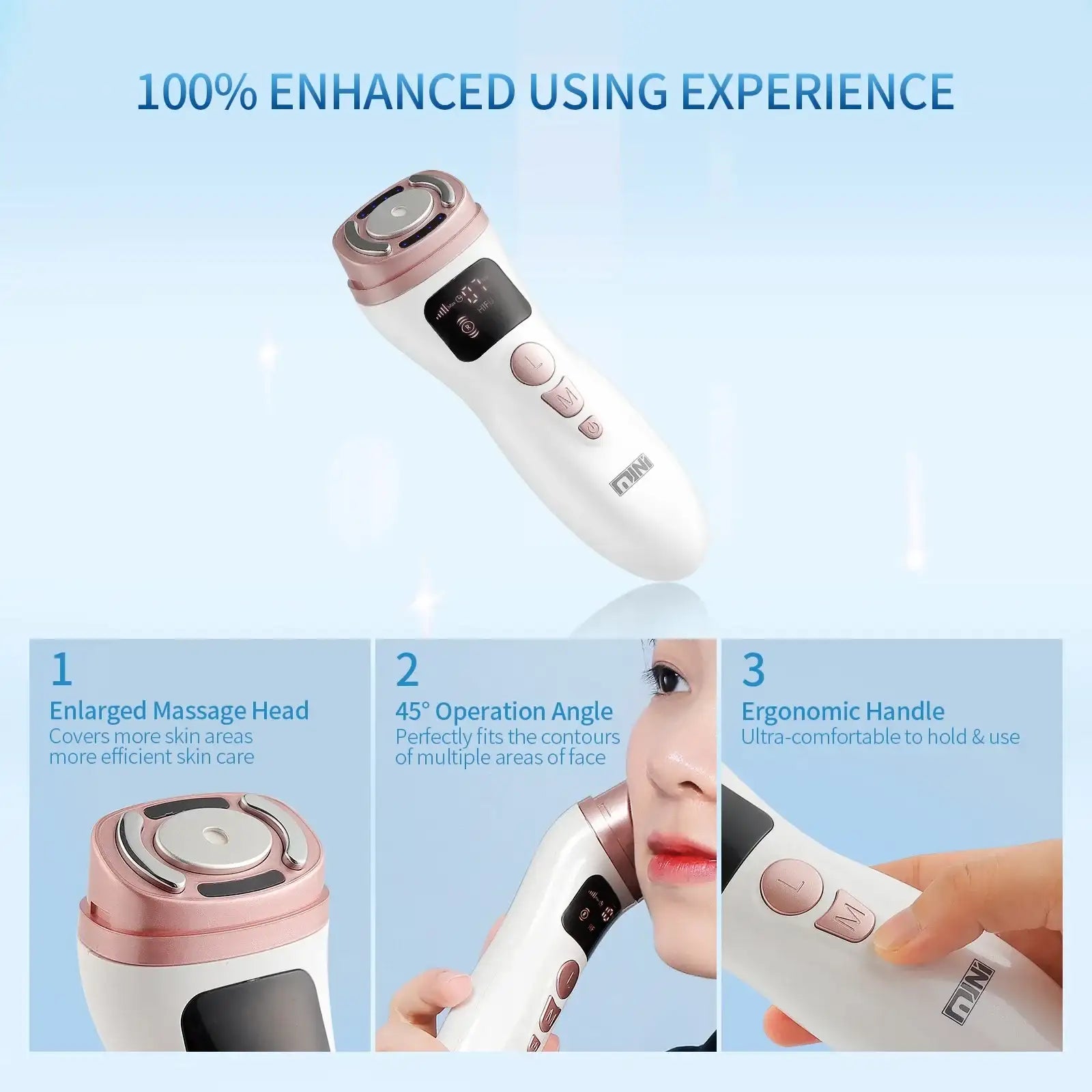 White and rose gold mini HIFU facial lifting device with digital display, buttons, and ergonomic handle.