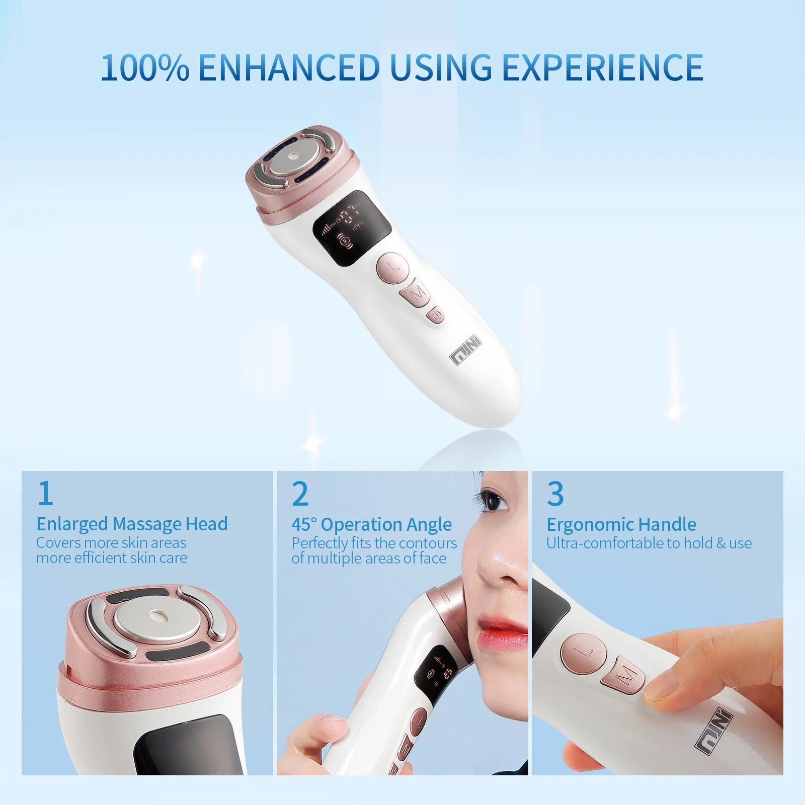 White and rose gold handheld HIFU facial tightening device with a digital display, buttons, and ergonomic handle.