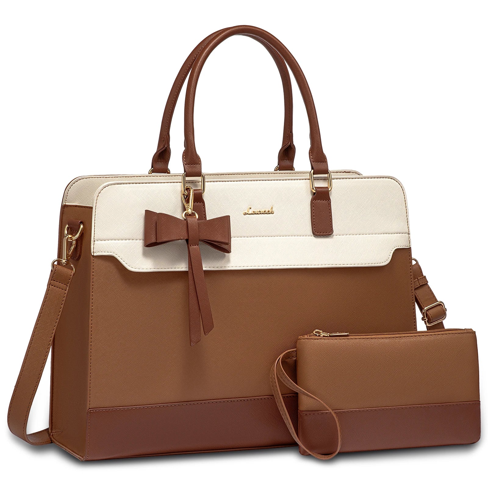 LOVEVOOK two-tone brown and cream designer laptop tote with bow charm, large capacity vegan leather work handbag set.