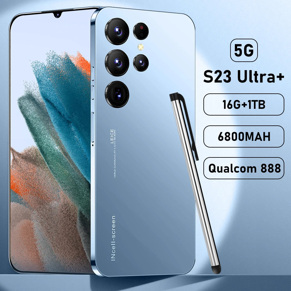 Blue 5G smartphone with quad rear cameras and front display, shown with a side stylus pen