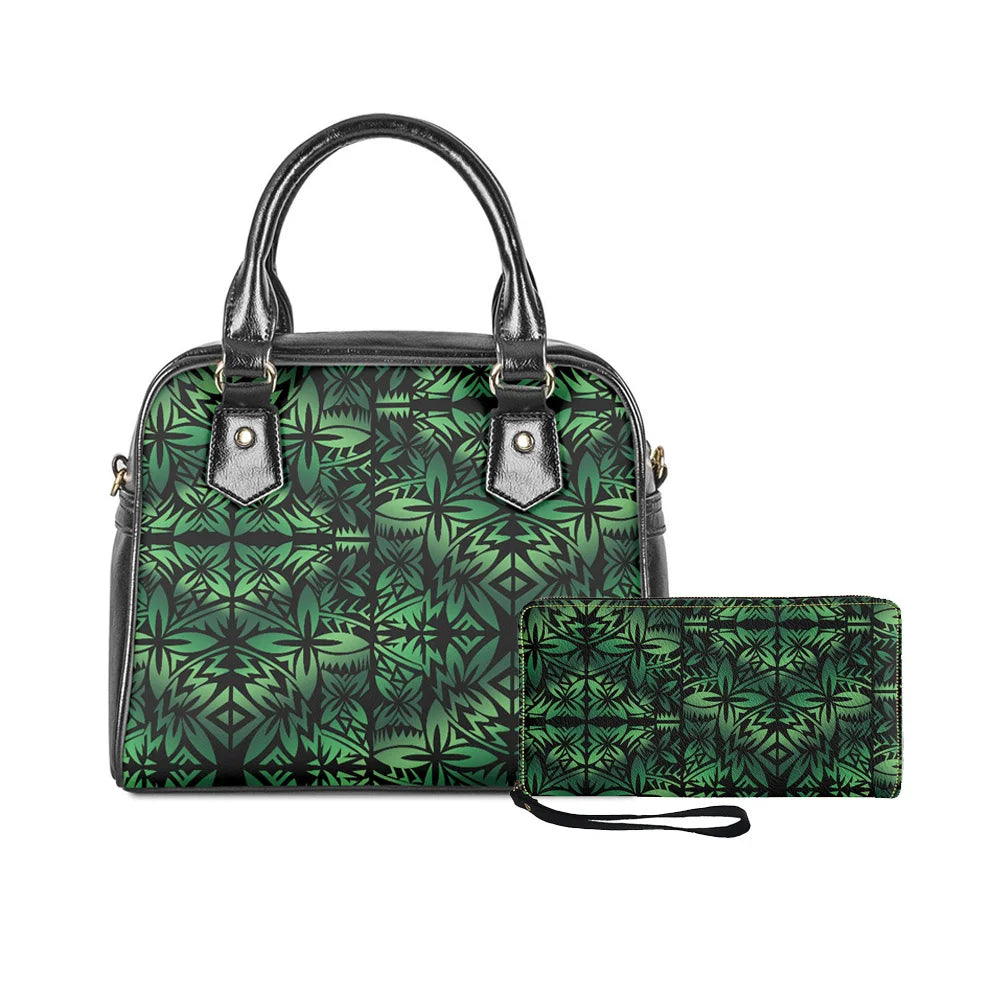 2-piece handbag set with black and green Polynesian tribal monster leaf print, leather-style handles, and zip wallet.