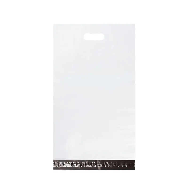 White plastic poly mailer bag with top handle cutout