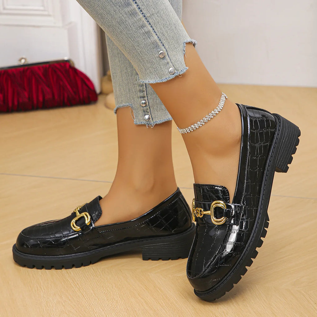 Women's Loafers Burgundy Patent Leather Platform Shoes Round Toe Metal Buckle Casual Fashionable Dress Shoes for Women Ladies