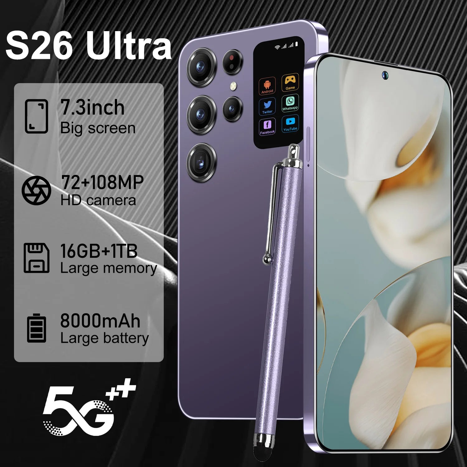 S26 Ultra 5G Smartphone 1TB Storage - 7.3-inch HD Display Purple 16g 1TB Tidesmit