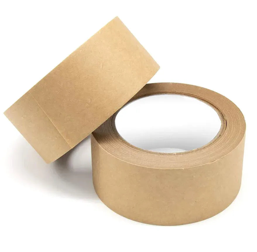 Brown kraft paper packing tape roll and separate tape end piece, adhesive side visible