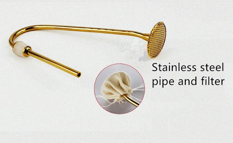 Gold stainless steel coffee syphon replacement pipe with metal mesh filter and cloth filter attachment.