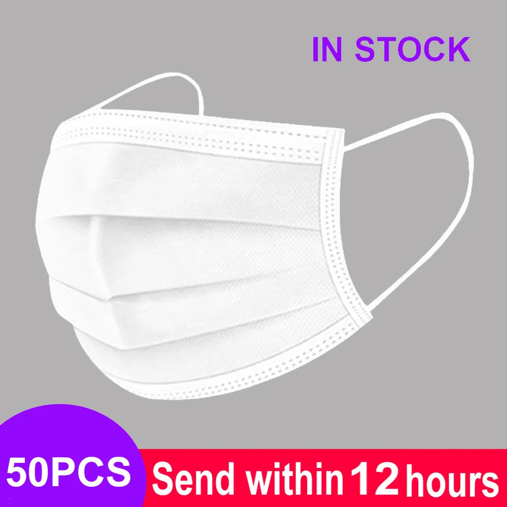 White 3-layer disposable face mask, non-woven meltblown fabric with elastic ear loops, anti-dust protection.