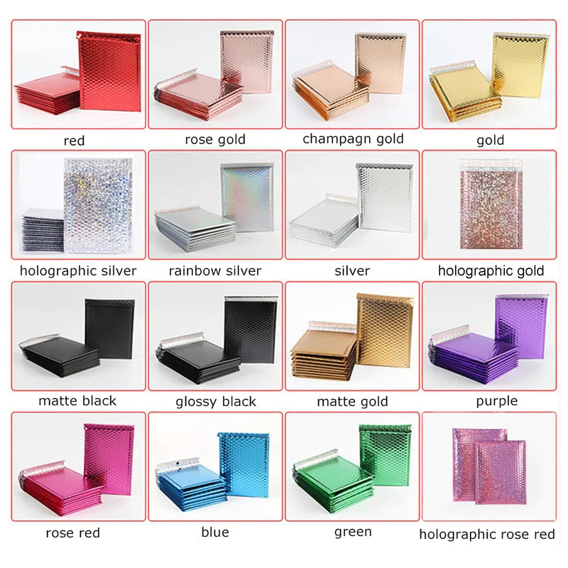 Assorted bubble mailer color samples in stacked envelopes