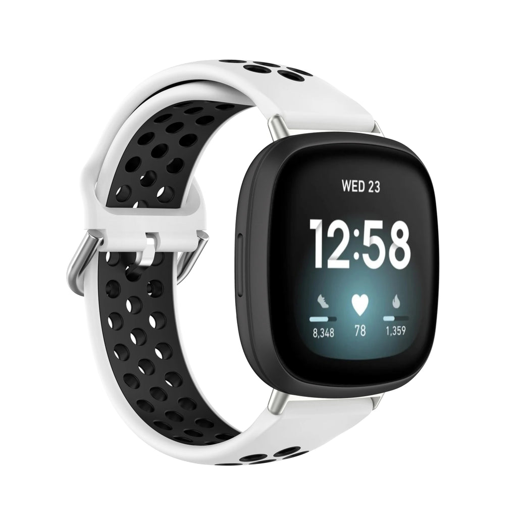 Tidesmit soft silicone sport strap for Fitbit Versa 3 and Sense showing sleek curved design for comfortable wear.