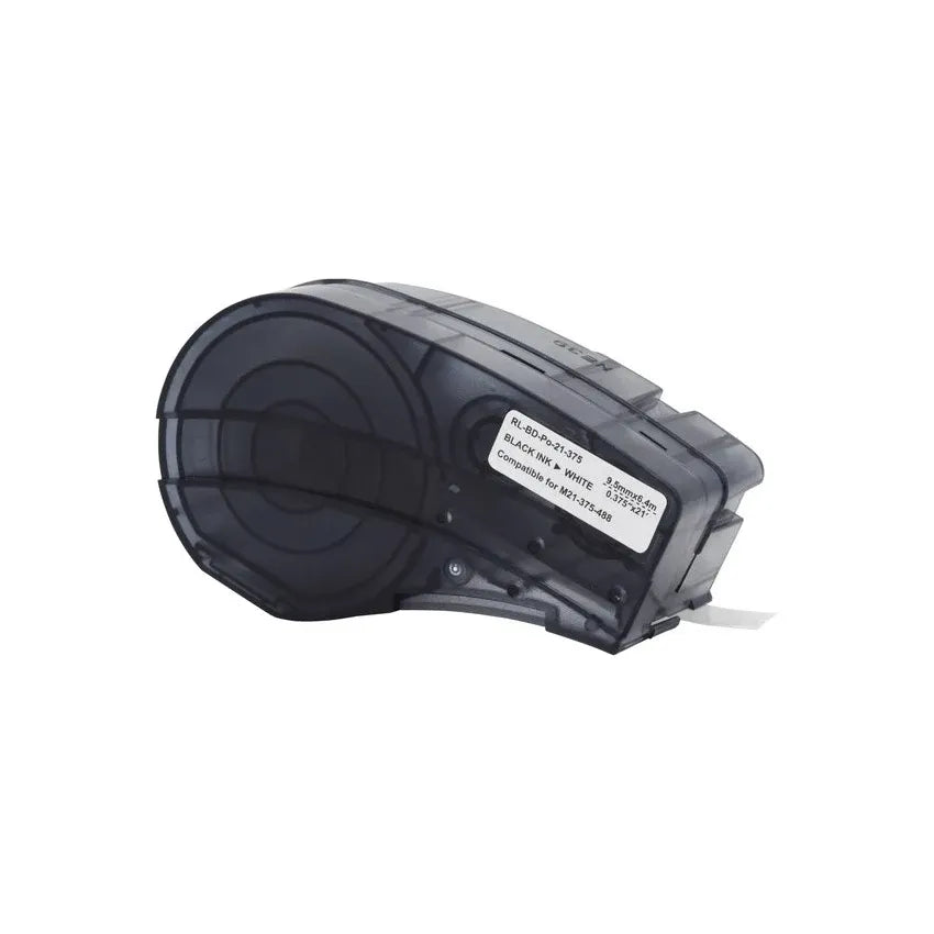 Label tape cartridge with black housing and white label strip