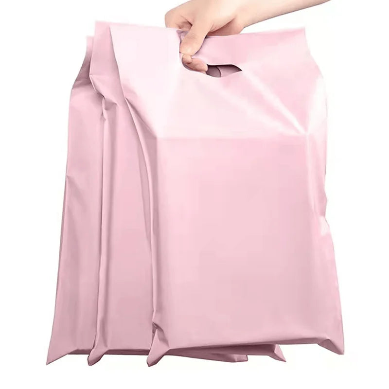 Pink poly mailer bag with carry handle and glossy finish