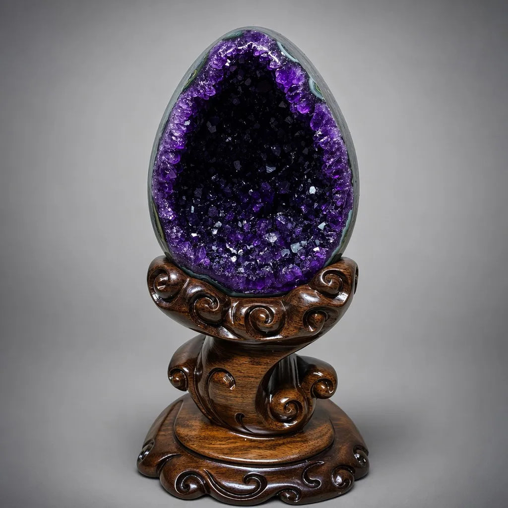 Amethyst geode crystal cluster with deep purple crystal face on swirled wooden base