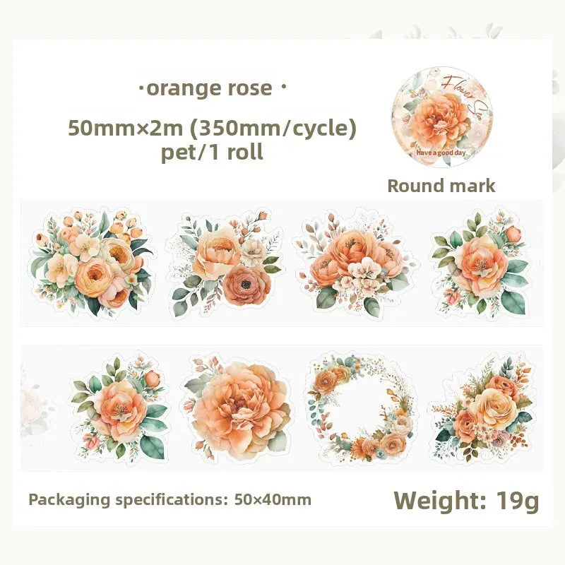 Waterproof PET masking tape roll with orange rose round flower stickers, 50mmx2m