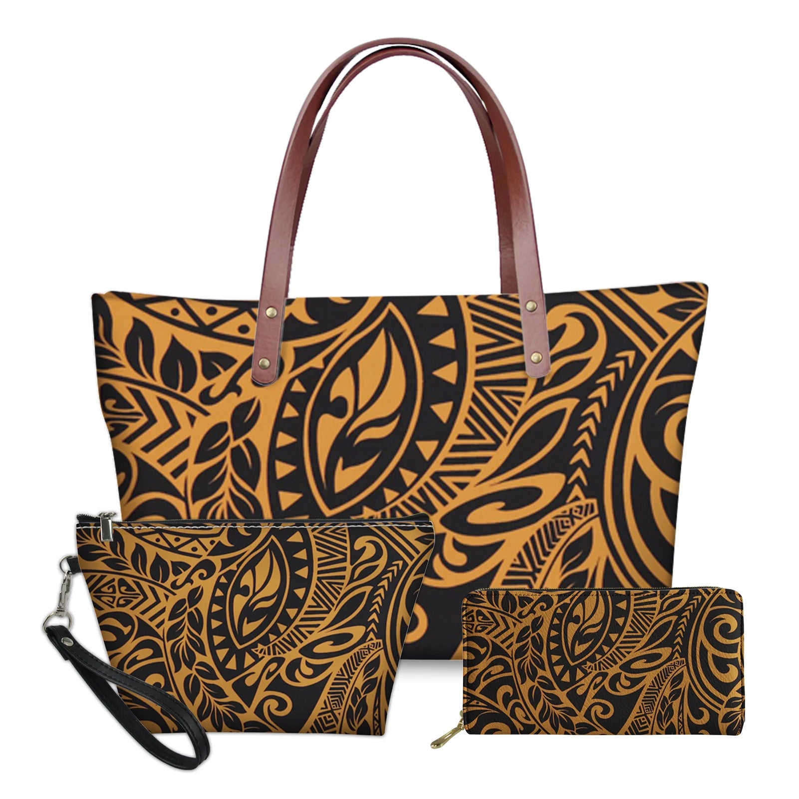 3-piece handbag set featuring black and gold Polynesian tribal turtle print with brown leather handles.
