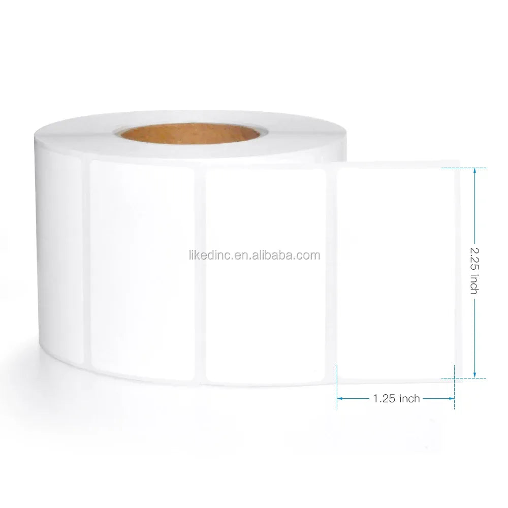 White direct thermal label roll with printed size guide lines for dimensions