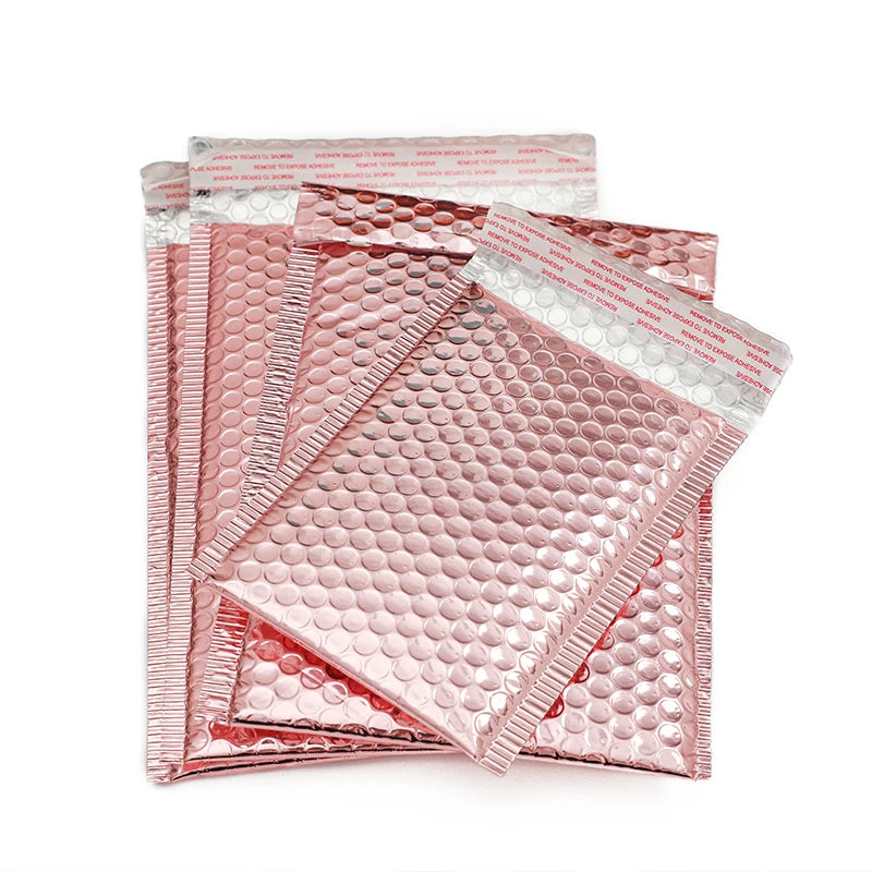 Rose gold metallic waterproof bubble mailer set with bubble-textured surface