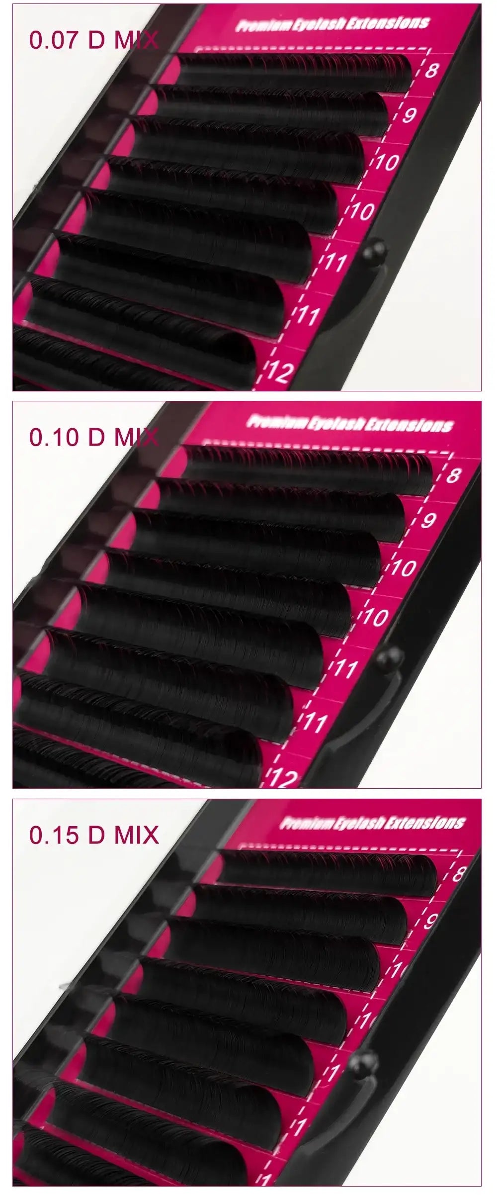 Three trays of Abonnie black silk eyelash extensions in 0.07, 0.10, and 0.15 D-curl mix lengths on pink backgrounds.