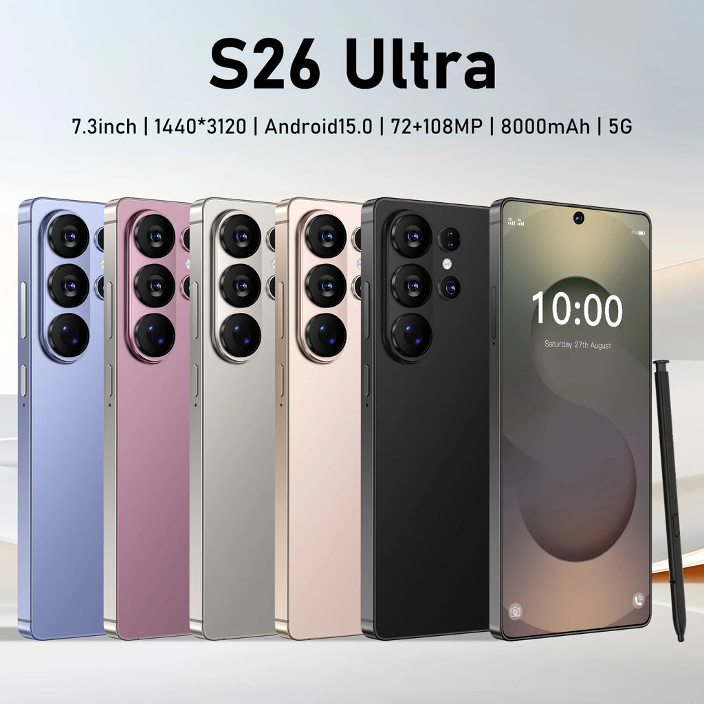 S26 Ultra 5G Android 15 smartphone with 7.3 inch HD display, 16GB RAM, 1TB storage, and 108MP camera, unlocked