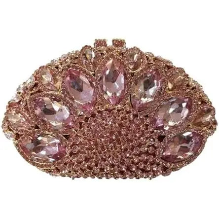 Rose gold crystal evening clutch, oval designer handbag with dazzling marquise rhinestones for formal events.